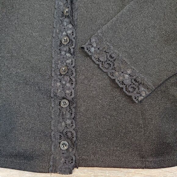 Vintage 90s Y2K Bisou Bisou Lace Trim Cardigan Sweater Black Whimsigoth Preppy - Picture 3 of 10
